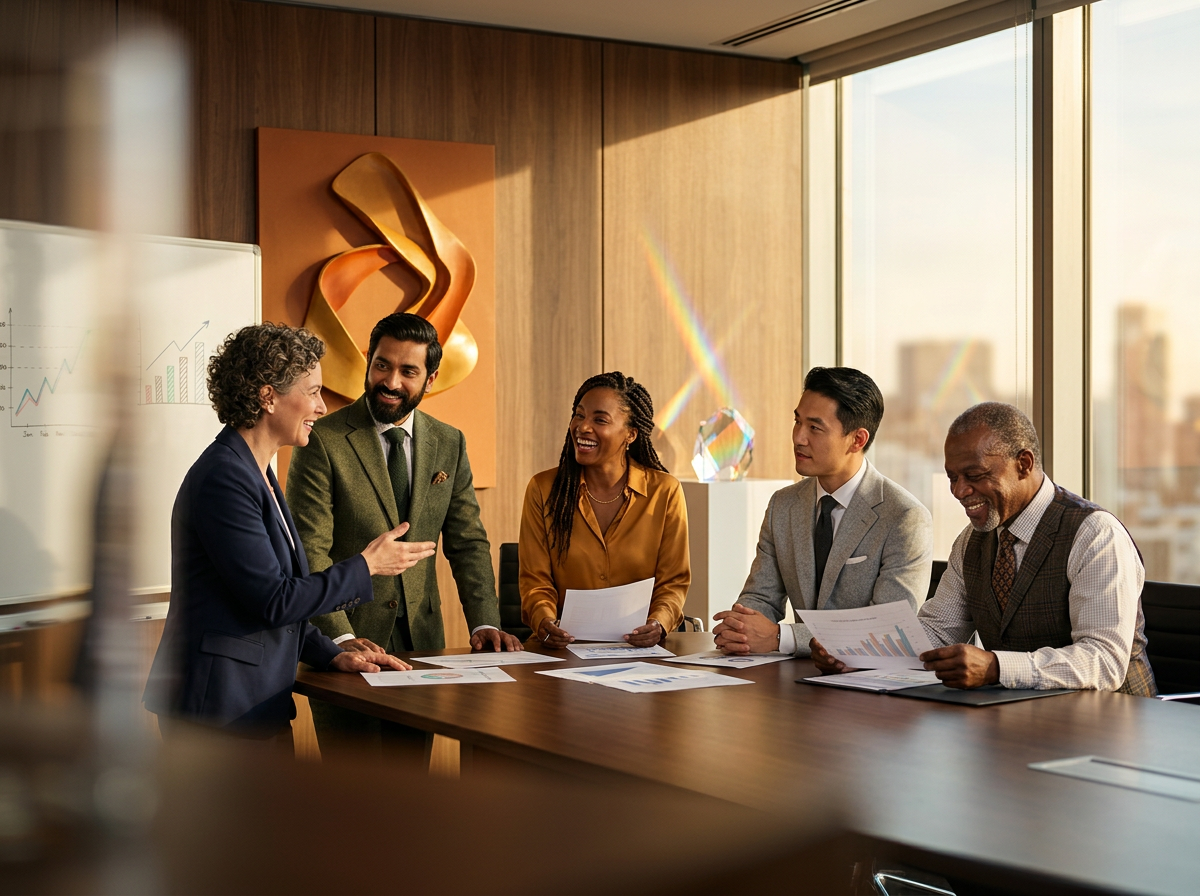 Executives engaged in a boardroom discussion reviewing a personalized business case for clinical trial technology